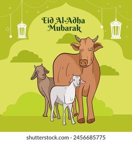 Eid al adha mubarak greeting card with Cow, goat and lamb Poster banner vector illustration graphic design. The image is of a happy Eid al-Adha celebration