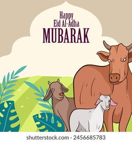 Eid al adha mubarak greeting card with Cow, goat and lamb Poster banner vector illustration graphic design. The image is of a happy Eid al-Adha celebration