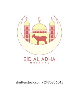 Eid al Adha mubarak greeting design with crescent moon and goat, Mosque isolated on white, Eid celebration, Muslim festival