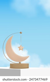 Eid al Adha Mubarak greeting design with Crescent Moon and Star hanging on 3D podium on blue sky and cloud background.Vector Backdrop of Religion of Muslim Symbolic for Eid al fitr, Ramadan Kareem