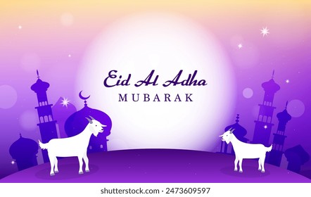 Eid Al Adha Mubarak greeting card vector illustration. Goat and mosque on purple yellow gradient background