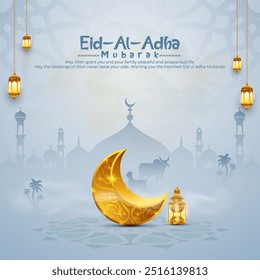 Cartão comemorativo Eid al Adha Mubarak e modelo de postagem do festival islâmico, mesquita com desenho de fundo da Lua