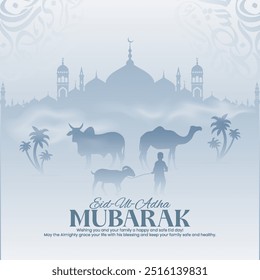 Tarjeta de felicitación de Eid al Adha Mubarak y Plantilla de post festival islámico, mezquita con diseño de fondo de luna