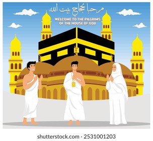 Tarjeta de felicitación de Eid Al Adha Mubarak Kaaba, minarete, cúpula, personas para el Hayy. Bienvenidos peregrinos de Hajj. ilustración moderna de Vector plano 