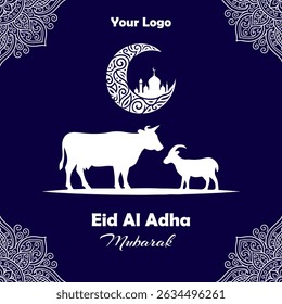 Eid Al Adha Mubarak Greeting Card with Cow and Goat Silhouette and Ornate Moon