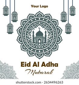 Eid Al Adha Mubarak Greeting Card with Mosque and Lanterns