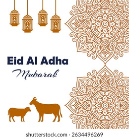 Eid Al Adha Mubarak Greeting Card with Mandala Design and Sacrificial Animals