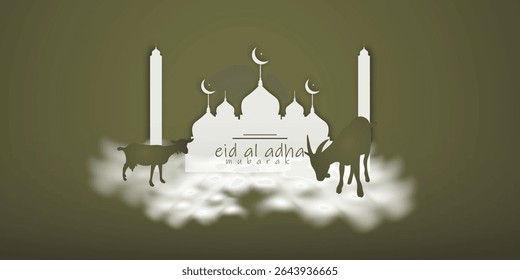 Eid Al Adha Mubarak Greeting with Mosque and Sacrifice Animals