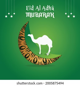 Eid Al Adha Mubarak Greetings Post With Cresent Moon, Camel, Stars Design Template