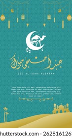 Eid al adha Mubarak Greetings Poster. Happy Eid Adha greeting Translated in Arabic text typography and calligraphy. Abstract Vector Illustration for greeting card, poster and banner.