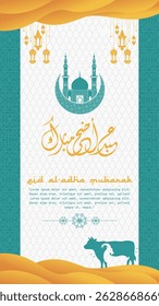 Eid al adha Mubarak Greetings Poster. Happy Eid Adha greeting Translated in Arabic text typography and calligraphy. Abstract Vector Illustration for greeting card, poster and banner.