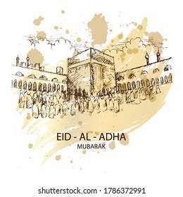 Eid Al Adha mubarak with Hajj Kaaba and Mosque.
