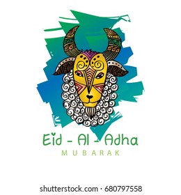 Eid Al Adha mubarak. Hand drawn poster with sheep.