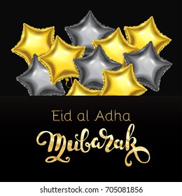 Eid Al Adha Mubarak (happy Muslim Holidays On Arabic) Greeting Card. Golden Lettering And Silver And Gold Star Balloons. Vector Islamic Design.