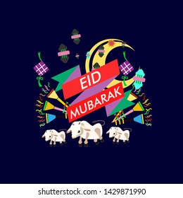 eid al adha mubarak has mean muslim event with cow illustration vector, beautiful greeting card, logo event, poster, banner for muslim event