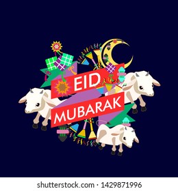 eid al adha mubarak has mean muslim event with cow illustration vector, beautiful greeting card, logo event, poster, banner for muslim event