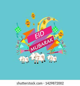eid al adha mubarak has mean muslim event with cow illustration vector, beautiful greeting card, logo event, poster, banner for muslim event