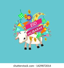 eid al adha mubarak has mean muslim event with cow illustration vector, beautiful greeting card, logo event, poster, banner for muslim event