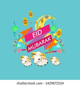 eid al adha mubarak has mean muslim event with sheep illustration vector, beautiful greeting card, logo event, poster, banner for muslim event