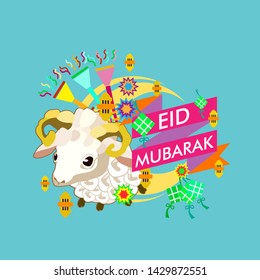 eid al adha mubarak has mean muslim event with sheep illustration vector, beautiful greeting card, logo event, poster, banner for muslim event