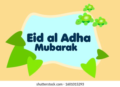 eid al adha mubarak has mean muslim event, beautiful greeting card background or template banner with cute animal character theme. vector design illustration