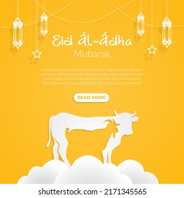 Eid Al Adha Mubarak illustration banner with cow and goat paper cut effect on isolated background. Al Adha Mubarak Muslim celebration day banner design