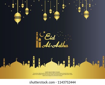 Eid al Adha Mubarak islamic greeting card design with dome mosque and hanging lantern element in paper cut style. background Vector illustration