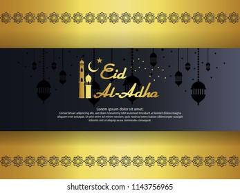 Eid al Adha Mubarak islamic greeting card design with hanging lantern element background. Vector illustration