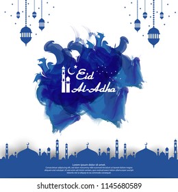 Eid al Adha Mubarak islamic greeting card design. abstract blue watercolor design with dome mosque ornament and hanging lantern element. background Vector illustration