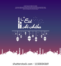Eid al Adha Mubarak islamic greeting card design with dome mosque element in paper cut style. background Vector illustration