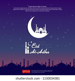 Eid al Adha Mubarak islamic greeting card design with dome mosque element in paper cut style. background Vector illustration
