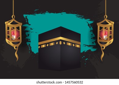 Eid al Adha Mubarak islamic design kaaba, template greeting card vector. Translation Arabic: Muslim holiday hajj pilgrimage. Islamic pilgrimage to Mecca, Saudi Arabia. vector illustration