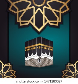 Eid al Adha Mubarak islamic design kaaba, template greeting card vector. Translation Arabic: Muslim holiday hajj pilgrimage. Islamic pilgrimage to Mecca, Saudi Arabia. vector illustration