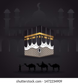 Eid al Adha Mubarak islamic design kaaba, template greeting card vector. Translation Arabic: Muslim holiday hajj pilgrimage. Islamic pilgrimage to Mecca, Saudi Arabia. vector illustration