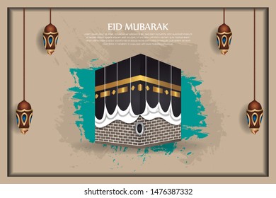 Eid al Adha Mubarak islamic design kaaba, template greeting card vector. Translation Arabic: Muslim holiday hajj pilgrimage. Islamic pilgrimage to Mecca, Saudi Arabia. vector illustration