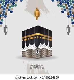 Eid al Adha Mubarak islamic design kaaba, template greeting card vector. Translation Arabic: Muslim holiday hajj pilgrimage. Islamic pilgrimage to Mecca, Saudi Arabia. vector illustration