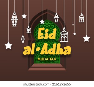 Eid Al Adha Mubarak islamic celebration card with flat hang lantern Fanous on ornament pattern in arch window door in wall. tr from Arabic: Feast of the Sacrifice. kurban bayraminiz greeting banner