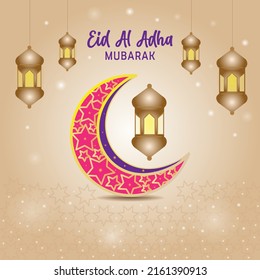 Eid al adha mubarak. Islamic greetings card design with crescent and lantern Premium Vector.