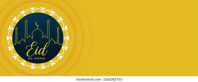 eid al adha mubarak islamic festival with mosque in flat golden color