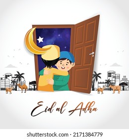 Eid al Adha Mubarak Islamic festival celebration wishing Greetings card Muslim kids hugging abstract vector background