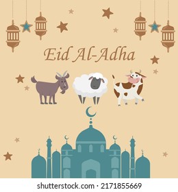 eid al adha mubarak islamic festival social media banner template with mosque goat sheep cow