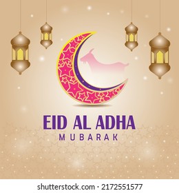 Eid Al Adha Mubarak. Islamic greeting cards illustration design with crescent and lantern Premium Vector.