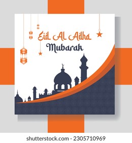 Eid al Adha Mubarak Islamic festival social media banner and Happy Eid Al Adha Mubarak  with mosques, lights, moon, and stars Post Template