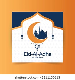 Eid al adha mubarak islamic festival social media banner design,Vector illustration islamic background with beautiful mosque, stars, moon and lanterns.