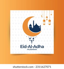 Eid al adha mubarak festival islámico diseño de pancartas en medios sociales, ilustración vectorial fondo islámico con hermosa mezquita, estrellas, luna y linternas.