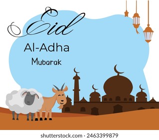 eid al adha mubarak fondo islámico con ilustración de mezquita y animal de cabra y oveja sacrificio