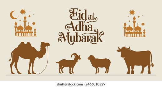 Eid al Adha Mubarak Islamic Greeting with English Typography. Mosque, Moon, Camel, Goat, Sheep, Cow, Flat Design Vector Illustration, Muslim Community Festival. Moslem Holiday, With Flat Background.