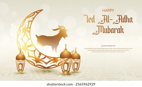 Eid Al Adha Mubarak Islamic Background Crescent Moon Goat Lanterns