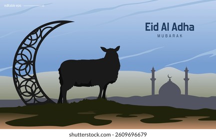 Eid Al Adha Mubarak Islamic Festival Background with sheep silhouette, crescent moon, mosque, and mountain. Editable vector illustration template for flyer, poster, greeting card.