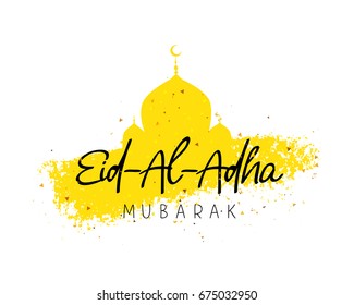 Eid Al Adha Mubarak. Kurban-bairam. Islamic festival of sacrifice. Vector illustration on a white background with a smear of ink yellow and confetti. A great holiday gift card. 